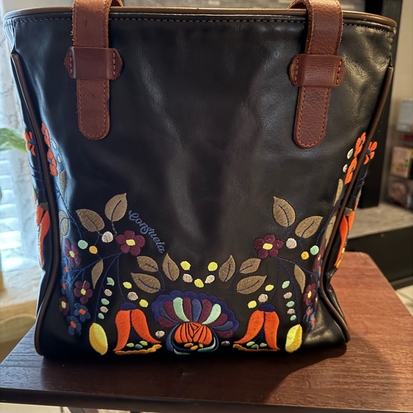 Consuela Navy Blue LEATHER RARE Classic Tote Beautiful Embroidery - Picture 2 of 15